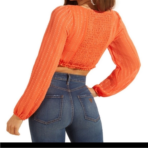 Guess Women's Vibrant Orange square neck long puff sleeve Blouse crop top. - Picture 2 of 10